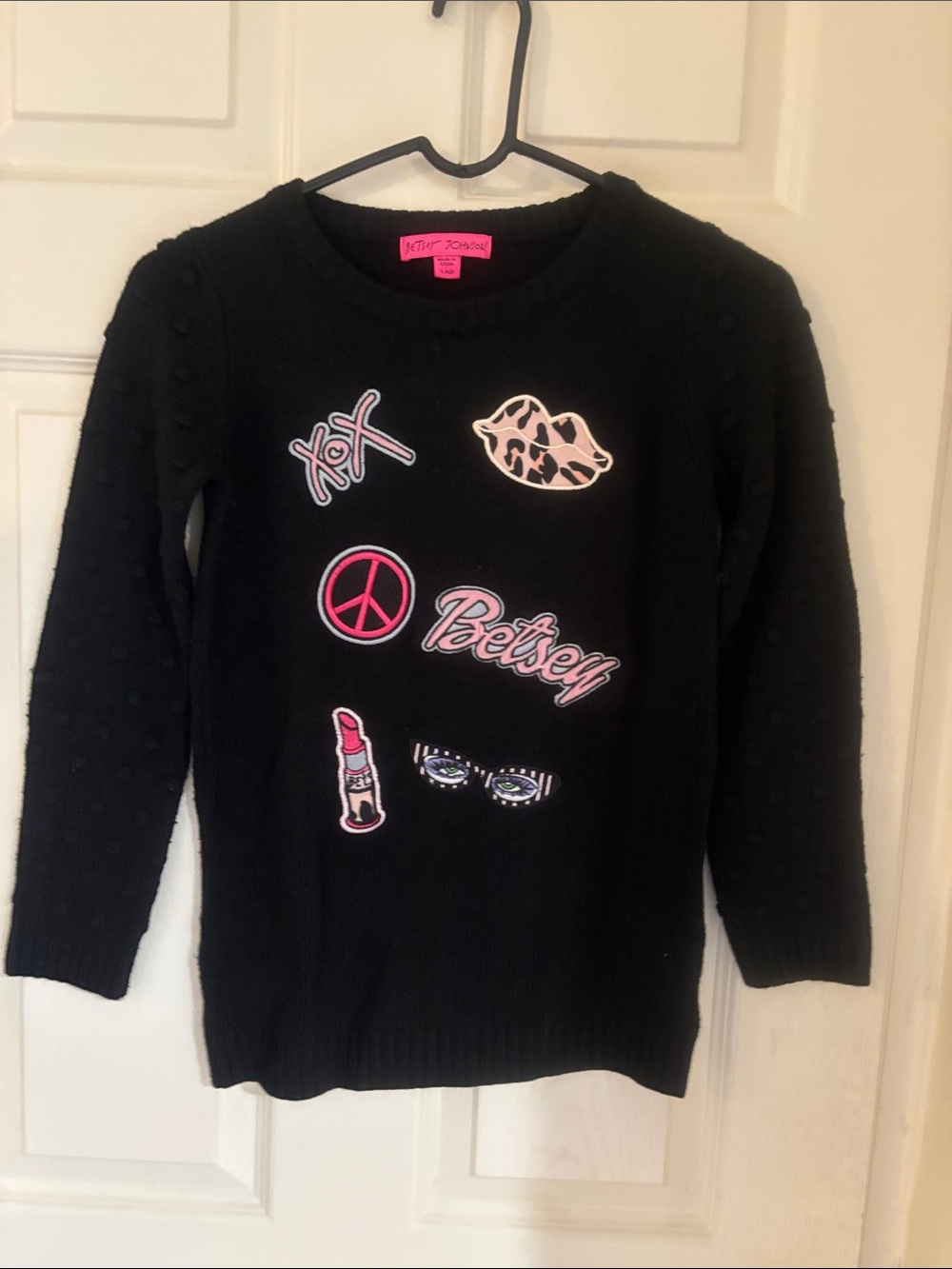 Betsey Johnson Black Sweater with Pink Patch Graphics